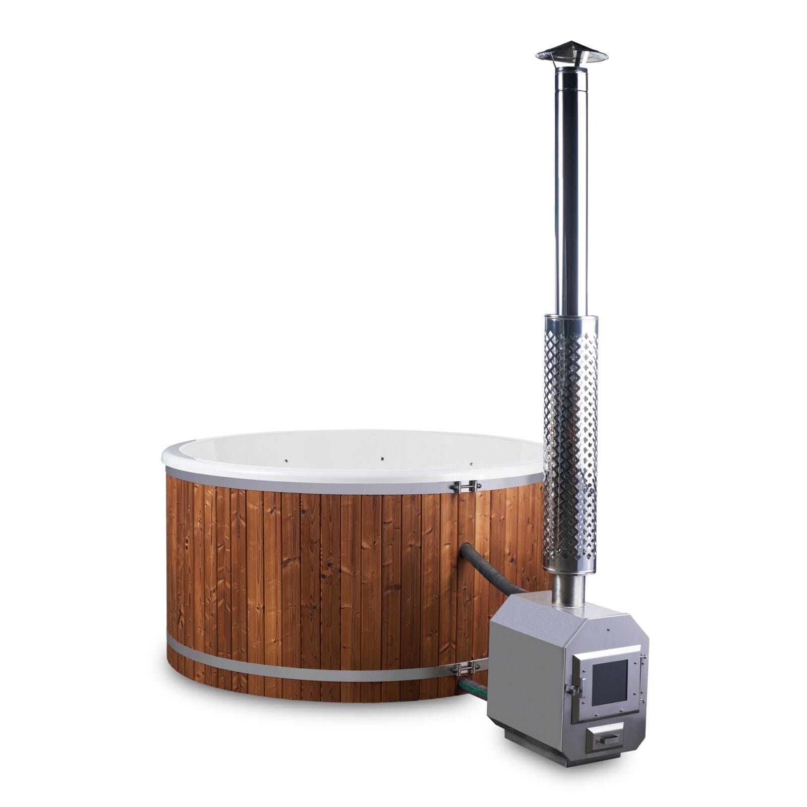 Kubilas su išorine krosnele – medinė apdaila, nerūdijančio plieno kaminas